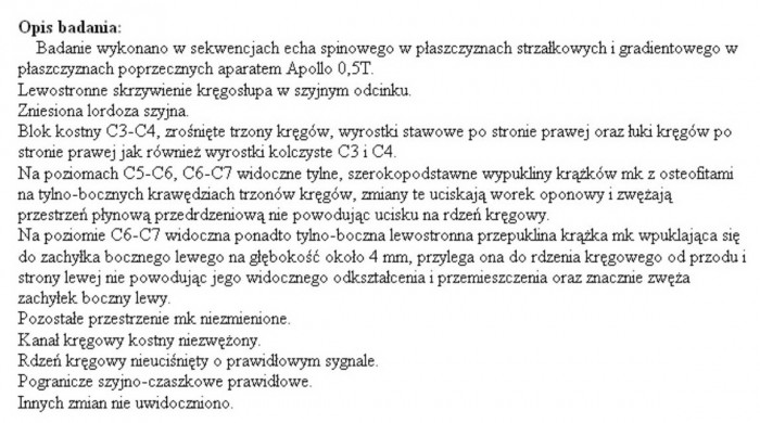 opinia lekarska po RMI odcinka szyjnego
